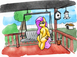 Size: 1361x1008 | Tagged: safe, artist:zutcha, fluttershy, pegasus, pony, g4, bench, bird house, chest fluff, cute, doghouse, female, mare, porch, potted plant, shyabetes, sitting, smiling, solo, swing, tree