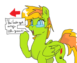 Size: 1014x837 | Tagged: safe, alternate version, artist:mileslancer, oc, oc only, oc:fausty florid, pegasus, female, mare, ms paint, simple background, solo, talking, white background