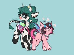 Size: 1400x1050 | Tagged: safe, artist:ghostyglue, oc, oc only, oc:key mash, oc:oatmeal cremepie, bat pony, cow, cow pony, pony, clothes, cloven hooves, cow oc, glasses, harness, horns, scrunchie, shorts, tank top, walking, water bottle