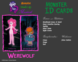 Size: 2692x2138 | Tagged: safe, artist:invisibleink, artist:tylerajohnson352, pinkie pie, werewolf, equestria girls, g4, bow, canterlot high, card, claws, clothes, dress, fangs, fur, grimwood girls, halloween, haunted house, holiday, monster, scooby-doo and the ghoul school, scooby-doo!, tail, trading card, winnie the werewolf, wolf ears, wolf nose