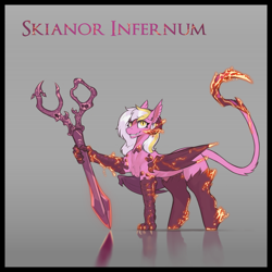Size: 3000x3000 | Tagged: safe, artist:nsilverdraws, oc, oc only, oc:skianor infernum, demon, demon pony, kyrion, pony, claws, female, fluffy, gradient background, mare, reflection, scissor blade, solo, weapon, wings