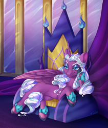 Size: 1686x2000 | Tagged: safe, artist:jessmi, opaline arcana, alicorn, pony, g5, commission, eyebrows, eyeshadow, female, folded wings, hoof on cheek, makeup, mare, signature, smiling, smirk, solo, throne, wings