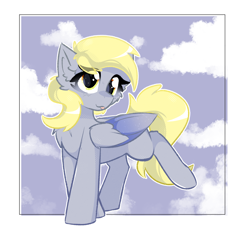 Size: 2000x2000 | Tagged: safe, artist:jubyskylines, derpy hooves, pegasus, pony, g4, cheek fluff, chest fluff, cloud, colored wings, cute, derpabetes, ear fluff, female, mare, solo, tongue out, two toned wings, wings