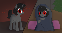 Size: 4096x2160 | Tagged: safe, artist:suryfromheaven, oc, oc only, oc:ada, pony, unicorn, blanket, blushing, bundled up, cold, comfy, d'lirium, dark background, dark skin, eyes in the dark, female, floppy ears, horn, looking at you, mare, pouting, solo, winter