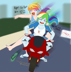 Size: 4800x4900 | Tagged: safe, artist:pshyzomancer, color edit, edit, rainbow dash, human, equestria girls, g4, absurd resolution, colored, crossover, crush crush, dialogue, duo, duo female, feet, female, flip-flops, google maps, human female, iro kawase, meme, motorcycle, multicolored hair, pointing, pride, pride flag, rainbow hair, sandals, text