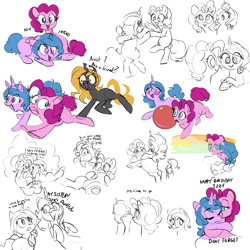 Size: 2560x2560 | Tagged: safe, artist:furseiseki, izzy moonbow, pinkie pie, oc, oc:thapsus, changeling, changeling queen, earth pony, unicorn, g4, g5, changeling oc, horn, izzy and her heroine, yellow changeling