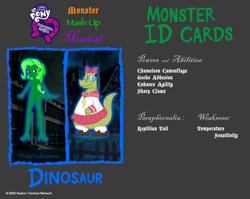 Size: 2692x2138 | Tagged: safe, artist:invisibleink, artist:tylerajohnson352, trixie, dinosaur, equestria girls, g4, ascot, bow, canterlot high, card, clothes, grimwood girls, halloween, haunted house, holiday, minimal, monster, pleated skirt, scales, scarf, shoes, skirt, socks, star hairpin, sweater, tail, trading card