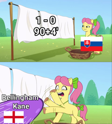 Size: 1500x1660 | Tagged: safe, edit, edited screencap, screencap, posey bloom, g5, my little pony: tell your tale, sunny's smoothie moves, basket, clothes line, comic, england, euro 2024, posey can't catch a break, screencap comic, slovakia, solo
