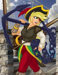 Size: 720x937 | Tagged: safe, artist:texasuberalles, applejack, human, g4, my little pony: the movie, anchor, boat, chains, eyepatch, female, guardians of harmony, hat, humanized, looking back, pirate, pirate applejack, pirate hat, solo, sword, toy, weapon