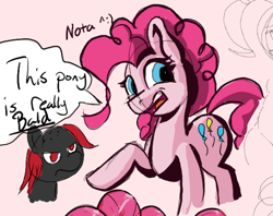 Size: 588x466 | Tagged: safe, pinkie pie, oc, oc:zippers, earth pony, pony, angry, bald, duo, reference, simple background, speech bubble, text