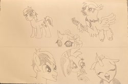 Size: 2780x1819 | Tagged: safe, artist:mlpfantealmintmoonrise, ocellus, sandbar, silverstream, changedling, changeling, hippogriff, pony, g4, atg 2024, collage, colt, female, foal, male, miniature, monochrome, newbie artist training grounds, offscreen character, pencil drawing, scene interpretation, simple background, traditional art, trio