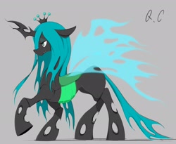 Size: 2048x1680 | Tagged: safe, artist:noupu, queen chrysalis, changeling, changeling queen, g4, concave belly, female, floppy ears, gray background, profile, raised hoof, simple background, solo