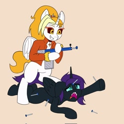 Size: 2048x2048 | Tagged: safe, artist:peel_a_na, oc, oc only, oc:dyx, oc:nyx, alicorn, pony, bipedal, clothes, collar, duo, duo female, fangs, female, jacket, simple background, toy gun