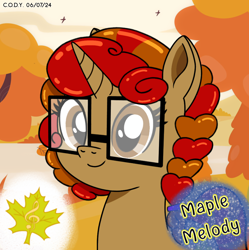 Size: 1980x1986 | Tagged: safe, artist:codenamekid, oc, oc only, oc:maple m. melody, bird, pony, unicorn, afternoon, autumn, braid, cute, eyelashes, falling leaves, glasses, highlights, horn, leaves, looking at you, maple leaf, shading, sky, solo, text, tree, water
