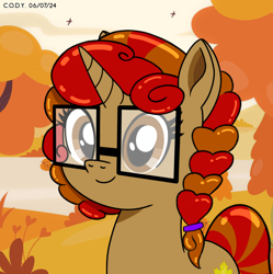 Size: 1980x1986 | Tagged: safe, artist:codenamekid, oc, oc only, oc:maple m. melody, bird, pony, unicorn, afternoon, autumn, braid, cute, eyelashes, falling leaves, glasses, highlights, horn, leaves, looking at you, maple leaf, shading, sky, solo, text, tree, water