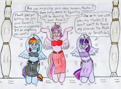 Size: 1900x1394 | Tagged: safe, artist:jose-ramiro, princess cadance, rainbow dash, twilight sparkle, alicorn, pegasus, semi-anthro, g4, bandeau, belly dance, both cutie marks, dancing, dialogue, female, harem, harem outfit, heart, heart eyes, hooves in air, hypnotized, loincloth, looking at you, mare, mind control, partially open wings, requested art, saddle arabia, smiling, smiling at you, speech bubble, swirly eyes, talking to viewer, traditional art, trio, trio female, twilight sparkle (alicorn), veil, wingding eyes, wings