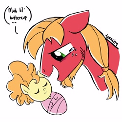 Size: 3000x3000 | Tagged: safe, artist:texacity, big macintosh, oc, oc:sugarbee buttercup apple, earth pony, pony, g4, baby, baby pony, beard, bust, crying, dialogue, duo, duo male and female, eyelashes, eyes closed, facial hair, father and child, father and daughter, female, filly, floppy ears, foal, freckles, high res, looking at someone, male, offspring, older, older big macintosh, open mouth, open smile, parent:big macintosh, parent:fluttershy, parents:fluttermac, ponytail, profile, signature, simple background, smiling, speech bubble, stallion, swaddled baby, teardrop, tears of joy, text, tied mane, white background
