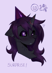 Size: 2480x3508 | Tagged: safe, artist:cherry_kotya, oc, oc:enderdan t'dark, alicorn, pony, alicorn oc, birthday art, black coat, black sclera, blush lines, blushing, bust, cheek fluff, chest fluff, colored ear fluff, colored mouth, colored sclera, ear fluff, emanata, emoji, floppy ears, flustered, gift art, gray mouth, hat, high res, horn, long mane, male, narrowed eyes, open mouth, party hat, pink background, plewds, portrait, purple eyes, purple mane, purple text, simple background, solo, sparkly mane, stallion, stallion oc, striped horn, text, unicorn horn, wings