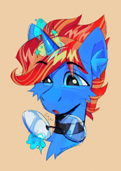 Size: 2480x3508 | Tagged: safe, artist:cherry_kotya, oc, oc only, oc:fer, pony, unicorn, blowing, blue coat, blue eyes, blue magic, bust, cheek fluff, chest fluff, choker, ear fluff, eyebrows, eyebrows visible through hair, glasses, glowing, glowing horn, horn, looking at something, magic, male, open mouth, orange background, portrait, red mane, round glasses, shiny mane, signature, simple background, solo, spiky mane, stallion, stallion oc, telekinesis, two toned mane