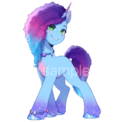 Size: 2500x2500 | Tagged: safe, artist:xiaowu07, misty brightdawn, pony, unicorn, g5, bracelet, cute, eye clipping through hair, eyebrows, eyebrows visible through hair, female, freckles, horn, jewelry, mare, necklace, obtrusive watermark, sample, simple background, smiling, solo, sparkly hooves, sparkly mane, unshorn fetlocks, watermark, white background