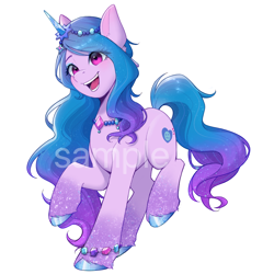 Size: 2500x2500 | Tagged: safe, artist:xiaowu07, izzy moonbow, pony, unicorn, g5, armband, bracelet, cute, eye clipping through hair, eyebrows, eyebrows visible through hair, eyeshadow, female, hair accessory, horn, jewelry, looking at you, makeup, mare, obtrusive watermark, open mouth, sample, simple background, smiling, smiling at you, solo, sparkly hooves, sparkly mane, unshorn fetlocks, watermark, white background