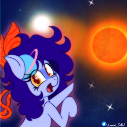 Size: 3070x3070 | Tagged: safe, artist:juniverse, oc, oc only, oc:juniverse, earth pony, binary star, colored, happy, hey look!, nova, pointing, ribbon, solo, space, space pony, stars, universe daughter, white dwarf