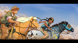 Size: 2048x1142 | Tagged: safe, artist:bixels, applejack, rainbow dash, horse, human, the grand galloping 20s, g4, duo, duo female, female, horsebackriding, humanized, humans riding horses, moderate dark skin, reins, riding, sweat, tan skin, windswept hair