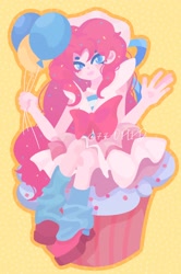 Size: 1060x1600 | Tagged: safe, artist:77-oplpd, artist:kkk8372178, pinkie pie, human, equestria girls, g4, balloon, blue eyes, blue socks, clothes, cupcake, food, holding, open mouth, open smile, pink hair, pink skin, shoes, sitting, smiling, solo, yellow background