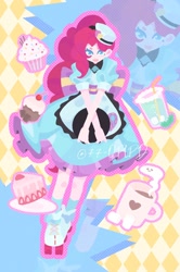 Size: 1060x1600 | Tagged: safe, artist:77-oplpd, artist:kkk8372178, pinkie pie, human, equestria girls, g4, abstract background, blue dress, coffee, coffee mug, cupcake, female, food, mug, plate, roller skates, server pinkie pie, skates, solo