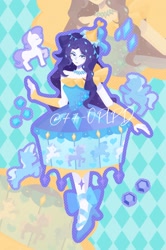 Size: 1060x1600 | Tagged: safe, artist:77-oplpd, artist:kkk8372178, rarity, human, pony, unicorn, equestria girls, g4, abstract background, blue dress, clothes, dress, female, horn, solo