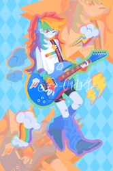 Size: 1060x1600 | Tagged: safe, artist:77-oplpd, artist:kkk8372178, rainbow dash, human, equestria girls, g4, abstract background, blue skin, electric guitar, guitar, holding, multicolored hair, musical instrument, one eye closed, rainbow hair, smiling, solo, wink