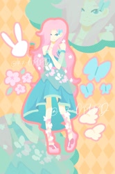 Size: 1060x1600 | Tagged: safe, artist:77-oplpd, artist:kkk8372178, fluttershy, human, equestria girls, g4, abstract background, blue dress, clothes, dress, female, full body, solo