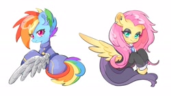 Size: 3028x1705 | Tagged: safe, artist:chonpsk, fluttershy, rainbow dash, pegasus, pony, g4, alternate timeline, amputee, apocalypse dash, artificial wings, augmented, clothes, crystal war timeline, cute, duo, duo female, eye clipping through hair, eye scar, eyebrows, eyeshadow, facial scar, female, fluttergoth, frown, half body, high res, looking at you, looking back, looking back at you, makeup, mare, prosthetic limb, prosthetic wing, prosthetics, scar, simple background, spread wings, white background, wings