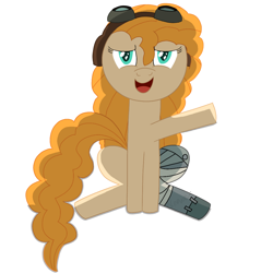 Size: 1100x1100 | Tagged: safe, alternate version, artist:sleeplesseevee, derpibooru exclusive, pear butter, earth pony, pony, g4, amputee, arms in the air, aviator goggles, ducktales, ducktales 2017, five legs, goggles, goggles on head, long hair, long mane, long tail, multiple limbs, outline, prosthetic leg, prosthetic limb, prosthetics, shading, simple background, sitting, solo, tail, transparent background, weird anatomy, white outline