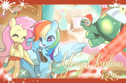 Size: 3256x2149 | Tagged: safe, artist:chengzi82020, fluttershy, rainbow dash, tank, g4, bed, book, calendar, christmas, female, hat, holiday, lesbian, santa hat, ship:flutterdash, shipping, trio