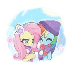 Size: 2305x2305 | Tagged: safe, artist:chengzi82020, fluttershy, rainbow dash, pegasus, pony, g4, christmas, cute, daaaaaaaaaaaw, duo, duo female, earmuffs, female, holiday, lesbian, ship:flutterdash, shipping, snow, snowfall