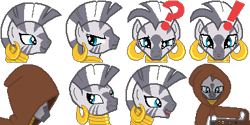 Size: 384x192 | Tagged: safe, artist:scootaloormayfly, zecora, zebra, g4, cloak, clothes, confused, drugs, exclamation point, looking at you, needle, pixel art, question mark, rpg maker, simple background, solo, sprite, surprised, transparent background