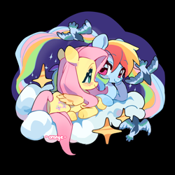 Size: 2788x2788 | Tagged: safe, artist:chengzi82020, fluttershy, rainbow dash, g4, black background, cloud, duo, duo female, female, lesbian, on a cloud, ship:flutterdash, shipping, simple background