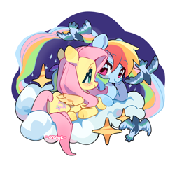 Size: 2788x2788 | Tagged: safe, artist:chengzi82020, fluttershy, rainbow dash, bird, pegasus, pony, g4, cloud, cute, daaaaaaaaaaaw, dashabetes, duo, duo female, female, lesbian, on a cloud, ship:flutterdash, shipping, shyabetes, simple background, white background