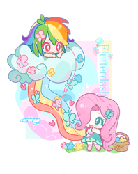 Size: 855x1080 | Tagged: safe, artist:chengzi82020, fluttershy, rainbow dash, human, series:2023虹蝶春节接龙, equestria girls, g4, my little pony equestria girls: better together, basket, chibi, cloud, duo, duo female, female, flower, human coloration, lesbian, on a cloud, ship:flutterdash, shipping, simple background, white background