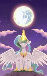 Size: 1247x2000 | Tagged: safe, artist:arcane-thunder, princess celestia, alicorn, pony, g4, atg 2024, crown, crying, ethereal mane, ethereal tail, eyes closed, female, floppy ears, full moon, glowing, glowing horn, hoof shoes, horn, jewelry, long mane, long tail, mare, mare in the moon, moon, newbie artist training grounds, partially open wings, peytral, princess shoes, raising the moon, regalia, sitting, solo, tail, wings