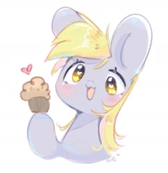 Size: 1484x1536 | Tagged: safe, artist:bubbletea, derpy hooves, pegasus, pony, g4, bust, cute, daaaaaaaaaaaw, derpabetes, female, food, heart, heart eyes, hoof hold, looking at you, mare, muffin, open mouth, open smile, simple background, smiling, smiling at you, solo, white background, wingding eyes