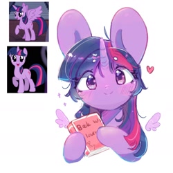 Size: 1668x1668 | Tagged: safe, artist:bubbletea, twilight sparkle, alicorn, pony, unicorn, g4, big ears, blushing, book, bust, cute, daaaaaaaaaaaw, eye clipping through hair, floating wings, looking at you, screencap reference, smiling, smiling at you, solo, twiabetes, twilight sparkle (alicorn), unicorn twilight, wings