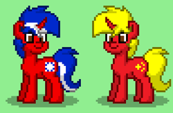 Size: 368x240 | Tagged: safe, oc, oc only, pony, unicorn, pony town, china, curved horn, duo, green background, horn, nation ponies, people's republic of china, ponified, simple background, taiwan