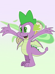 Size: 3000x4000 | Tagged: safe, artist:trinitykitsunefury14, spike, dragon, g4, fangs, gradient background, male, open mouth, open smile, smiling, solo, standing, winged spike, wings