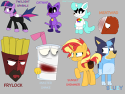 Size: 4000x3000 | Tagged: safe, artist:trinitykitsunefury14, sunset shimmer, twilight sparkle, alicorn, dog, pony, unicorn, g4, aqua teen hunger force, bluey, bluey heeler, catnap, craftycorn, crossover, female, frylock, gray background, horn, male, master shake, meatwad, poppy playtime, simple background, twilight sparkle (alicorn)