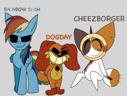 Size: 4000x3000 | Tagged: safe, artist:trinitykitsunefury14, rainbow dash, pegasus, pony, g4, cheezborger, chikn nuggit, crossover, dogday, evil rainbow dash, female, gray background, simple background, smiling critters