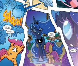 Size: 1001x845 | Tagged: safe, artist:tony fleecs, idw, official comic, nightmare moon, princess luna, scootaloo, alicorn, pegasus, pony, friendship is magic #44, g4, ponies of dark water, spoiler:comic, ponyville, transformation, water balloon, wet