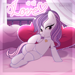 Size: 2048x2048 | Tagged: safe, artist:seurnik, oc, oc only, oc:sweetieck dreams, pony, unicorn, g4, bed, choker, clothes, curtains, female, filly, foal, heart, heart pillow, horn, implied foalcon, looking at you, mare, nudity, panties, pillow, sexy, signature, solo, thong, underwear, unicorn oc, younger