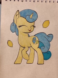 Size: 957x1280 | Tagged: safe, artist:nutellaenjoyer, lemon hearts, pony, unicorn, ^^, cute, ear fluff, eyes closed, female, food, full body, horn, lemon, mare, paper background, raised hoof, solo, tongue out, traditional art